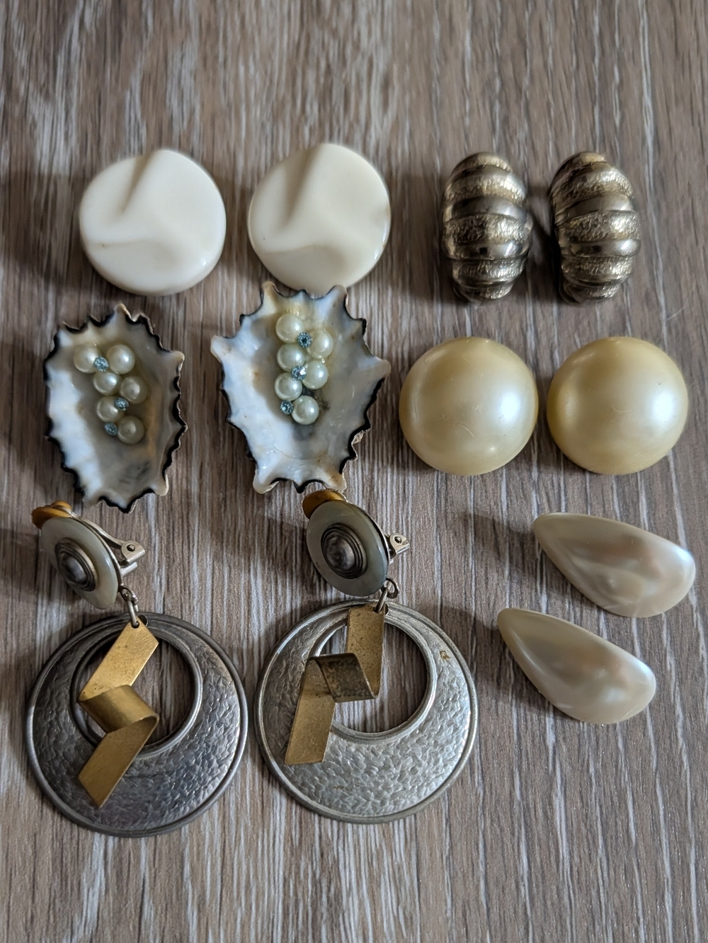 Vintage Mixed Clip-On Earrings Set - Cream, Gold, Silver
